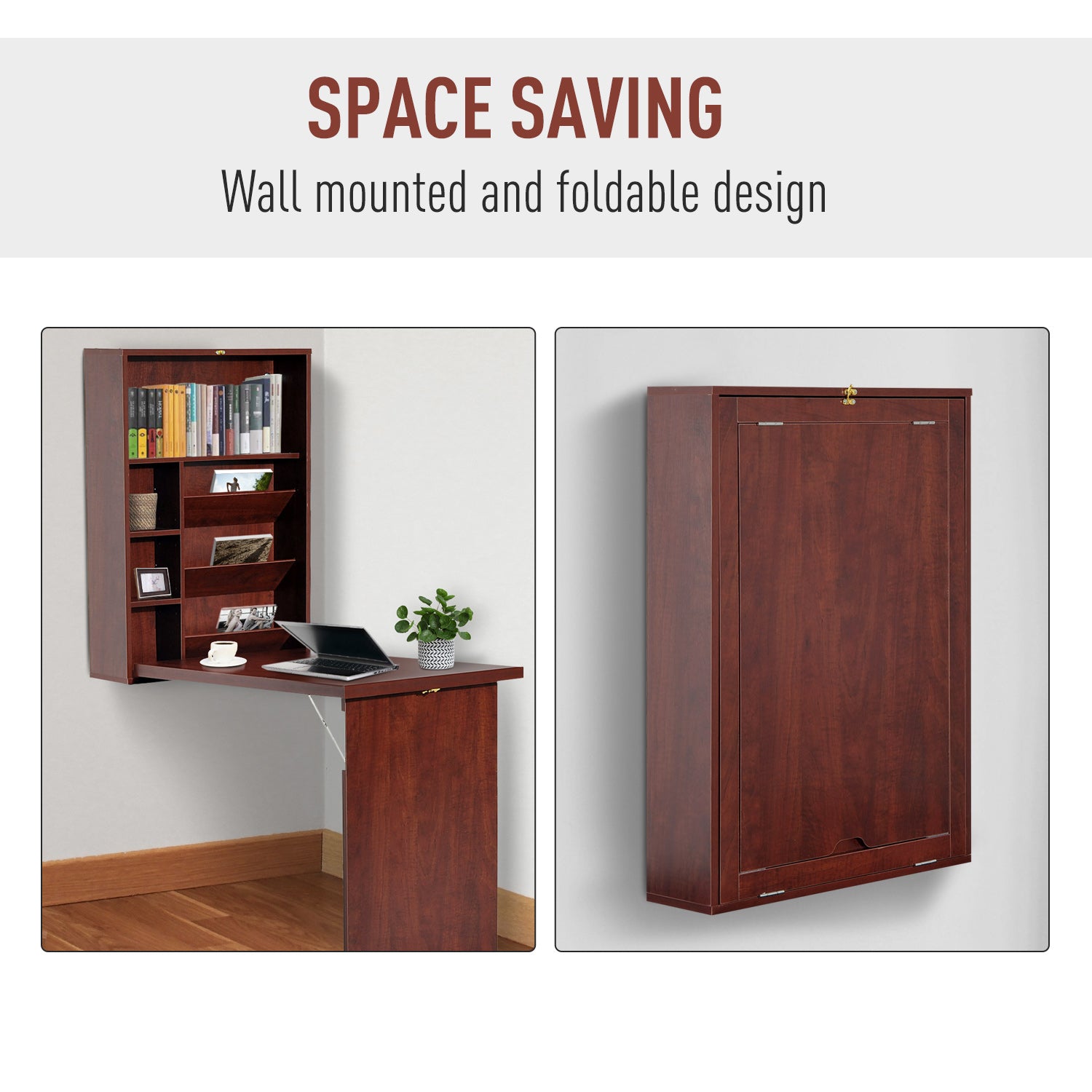 Wall Mounted Desk, Fold Out Convertible Desk, Mahogany