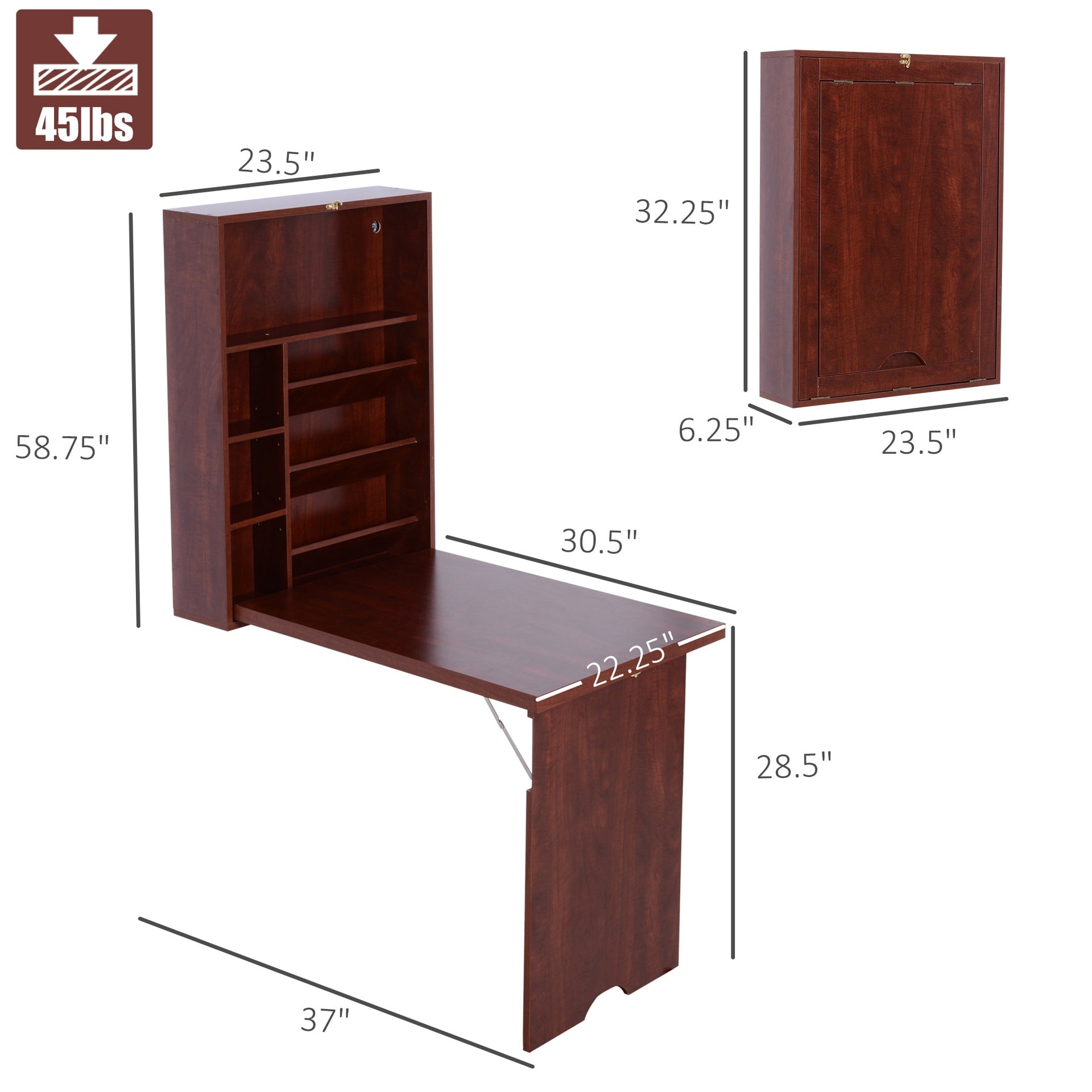 Wall Mounted Desk, Fold Out Convertible Desk, Mahogany