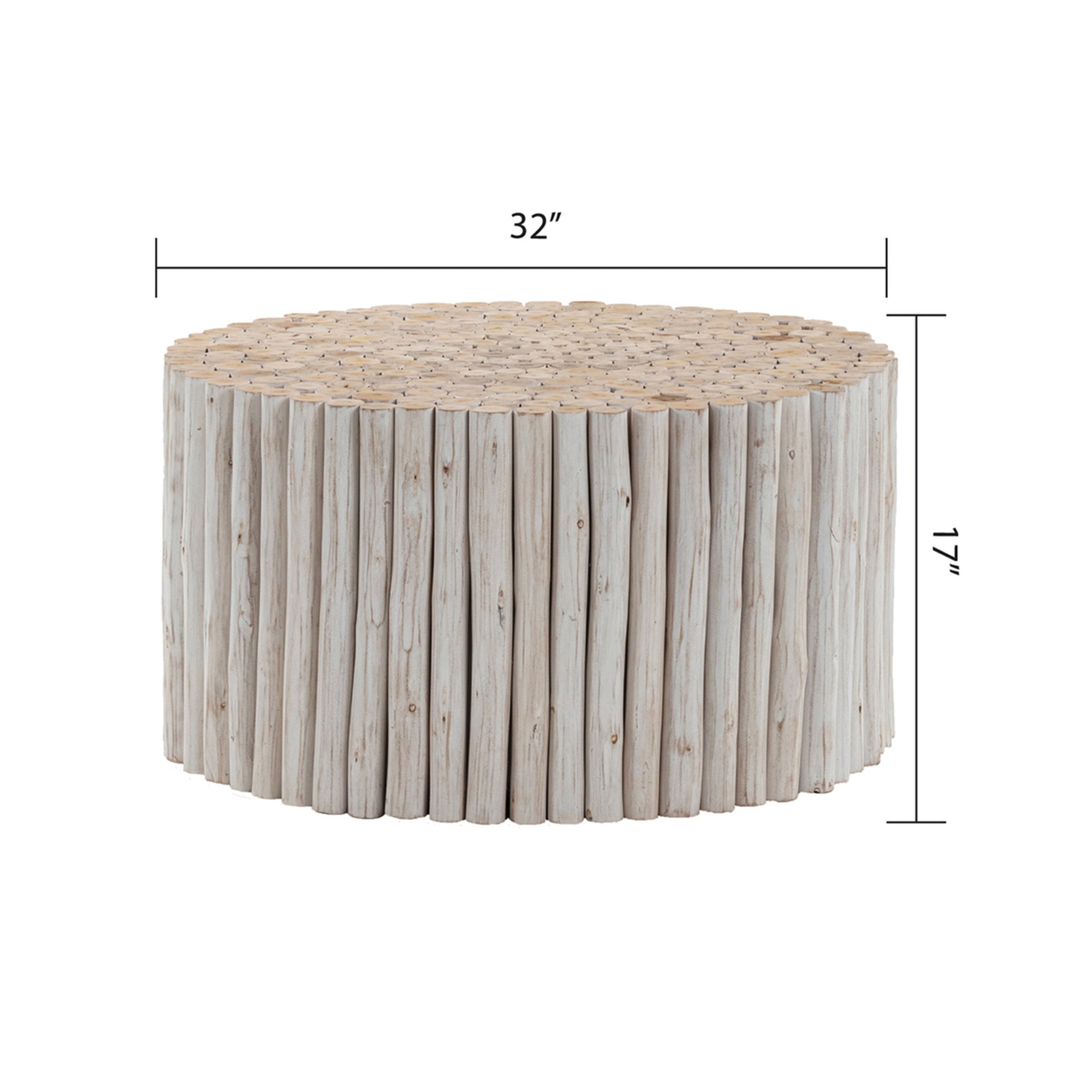 T1009 handcrafted round coffee table made from natural wooden logs featuring a detailed carved top, earthy charm in White