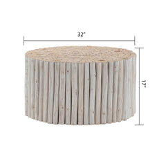 T1009 handcrafted round coffee table made from natural wooden logs featuring a detailed carved top, earthy charm in White