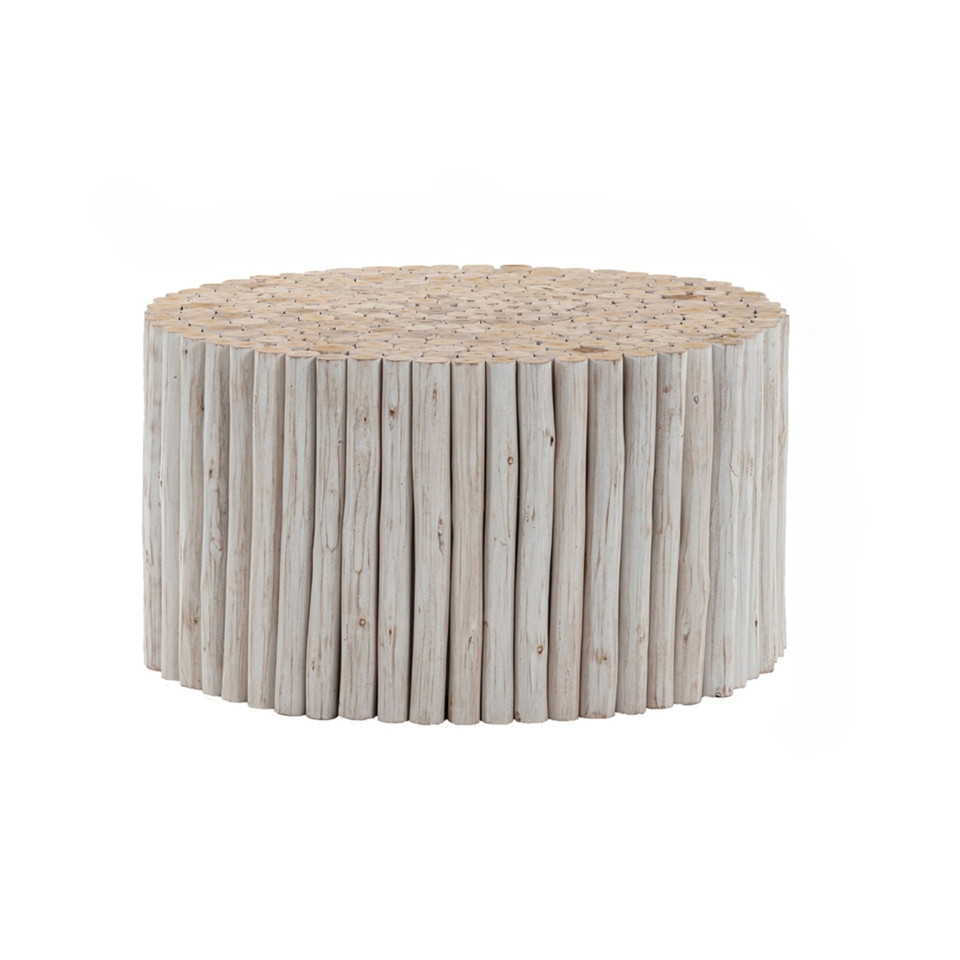 T1009 handcrafted round coffee table made from natural wooden logs featuring a detailed carved top, earthy charm in White
