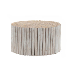 T1009 handcrafted round coffee table made from natural wooden logs featuring a detailed carved top, earthy charm in White