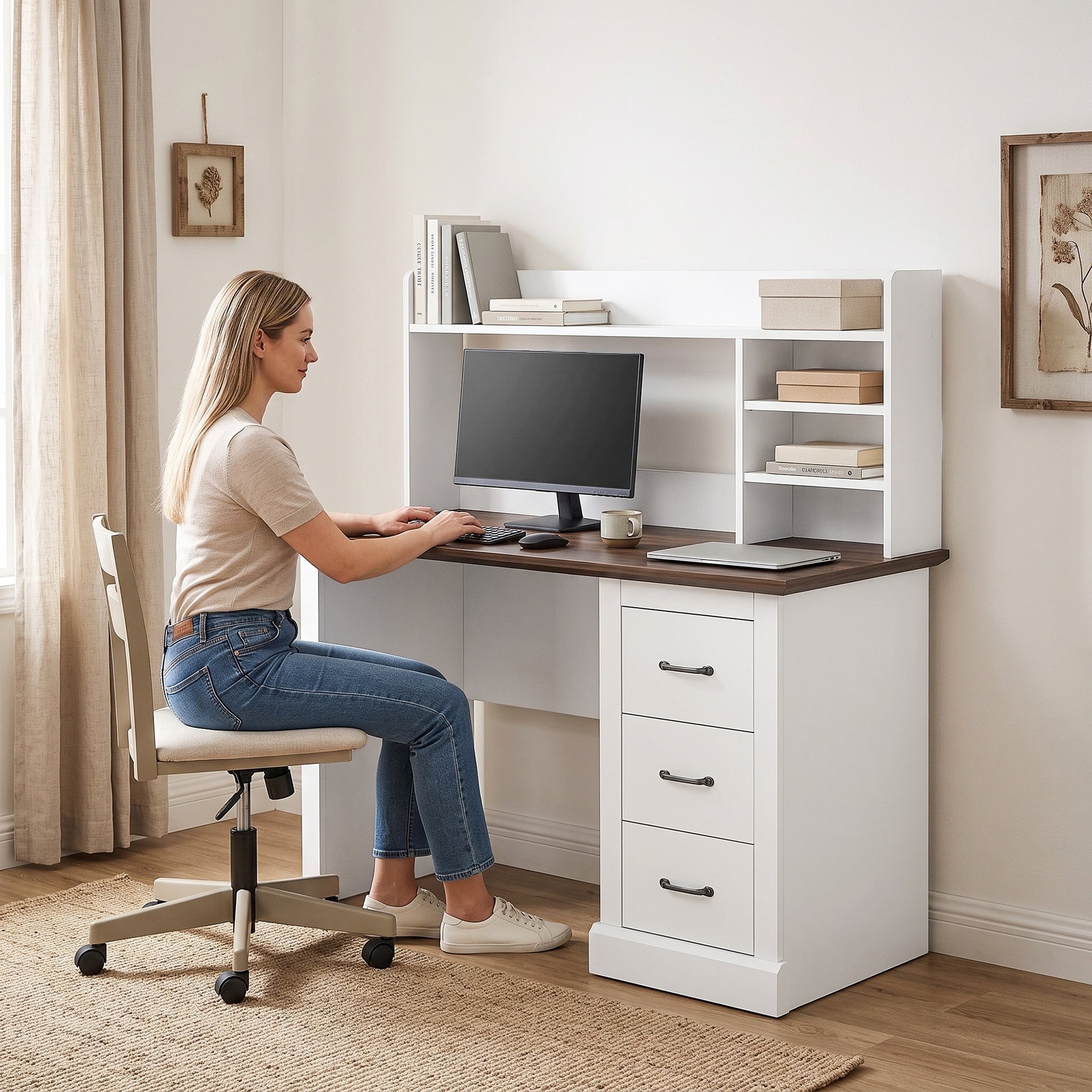 HOMCOM Computer Desk with 3 Drawers and Storage Shelves, 47" Home Office Study Writing Table, Walnut and White