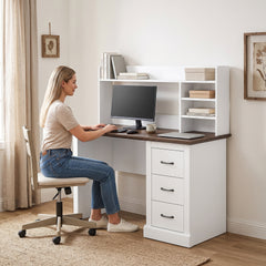 HOMCOM Computer Desk with 3 Drawers and Storage Shelves, 47" Home Office Study Writing Table, Walnut and White