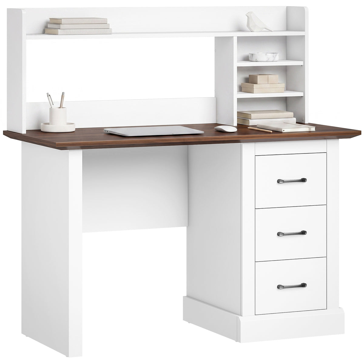 HOMCOM Computer Desk with 3 Drawers and Storage Shelves, 47" Home Office Study Writing Table, Walnut and White