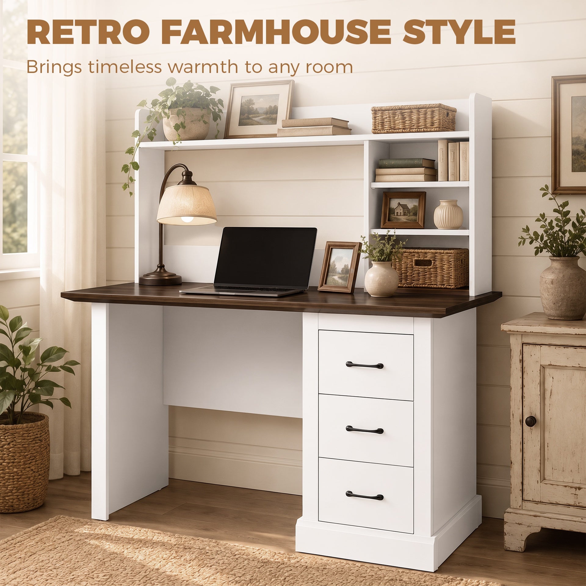 HOMCOM Computer Desk with 3 Drawers and Storage Shelves, 47" Home Office Study Writing Table, Walnut and White