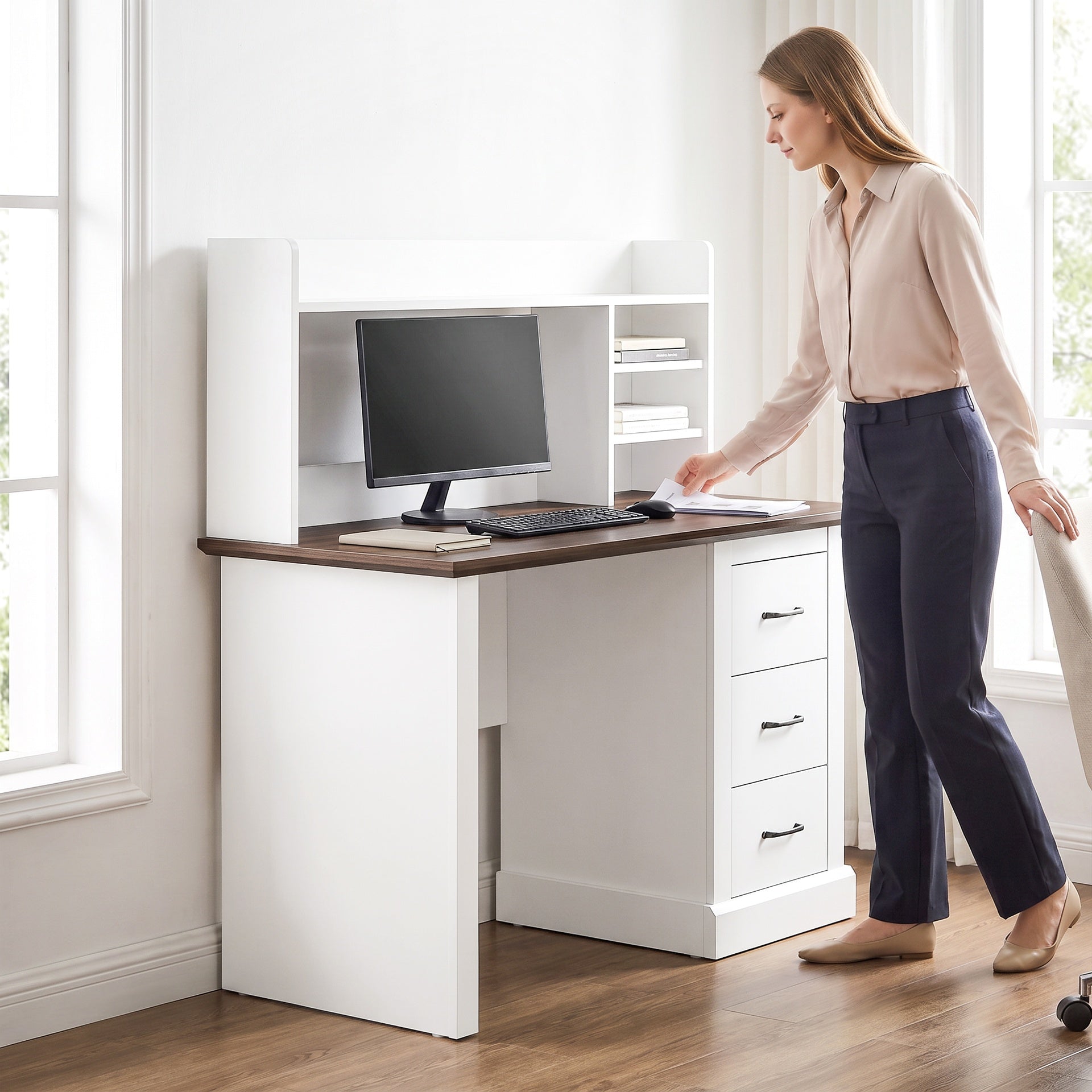 HOMCOM Computer Desk with 3 Drawers and Storage Shelves, 47" Home Office Study Writing Table, Walnut and White
