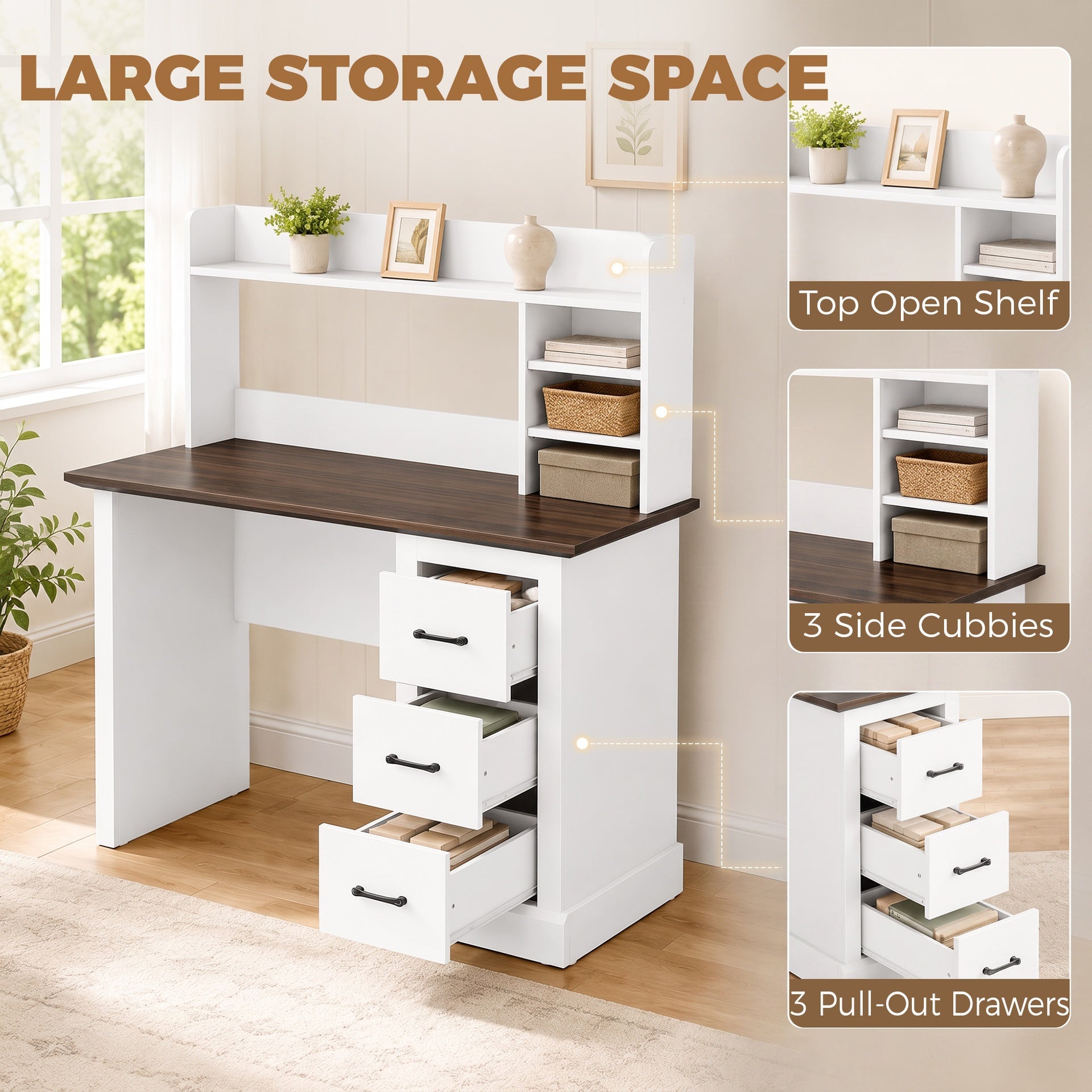 HOMCOM Computer Desk with 3 Drawers and Storage Shelves, 47" Home Office Study Writing Table, Walnut and White