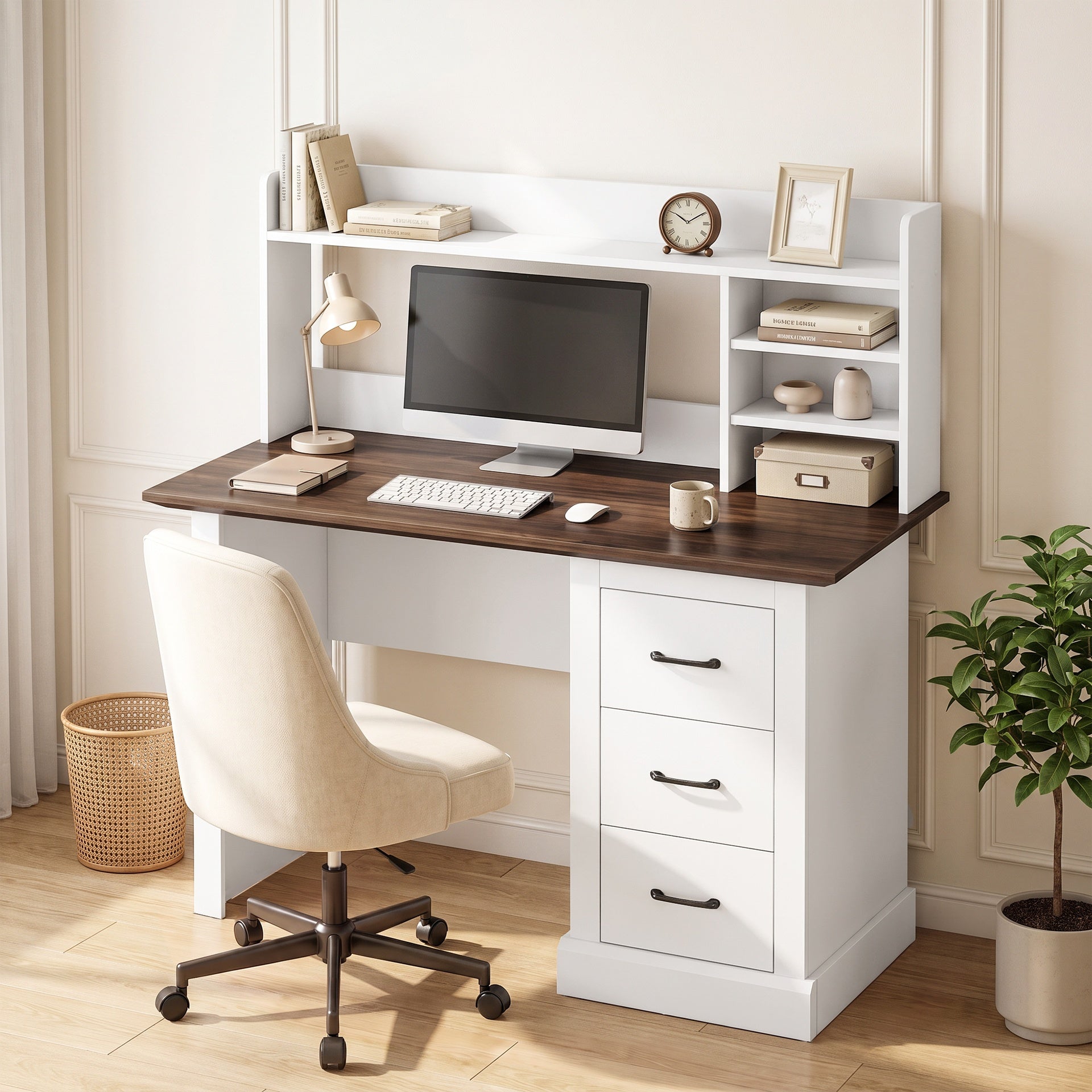 HOMCOM Computer Desk with 3 Drawers and Storage Shelves, 47" Home Office Study Writing Table, Walnut and White