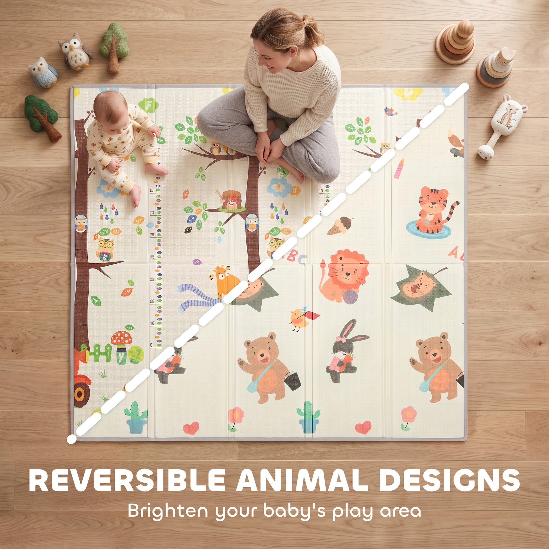 Qaba Foldable & Reversible Baby Play Mat, 79" x 71"Thick Play Mat for Floor, Waterproof Non-Slip, Giraffe & Woodland Animals