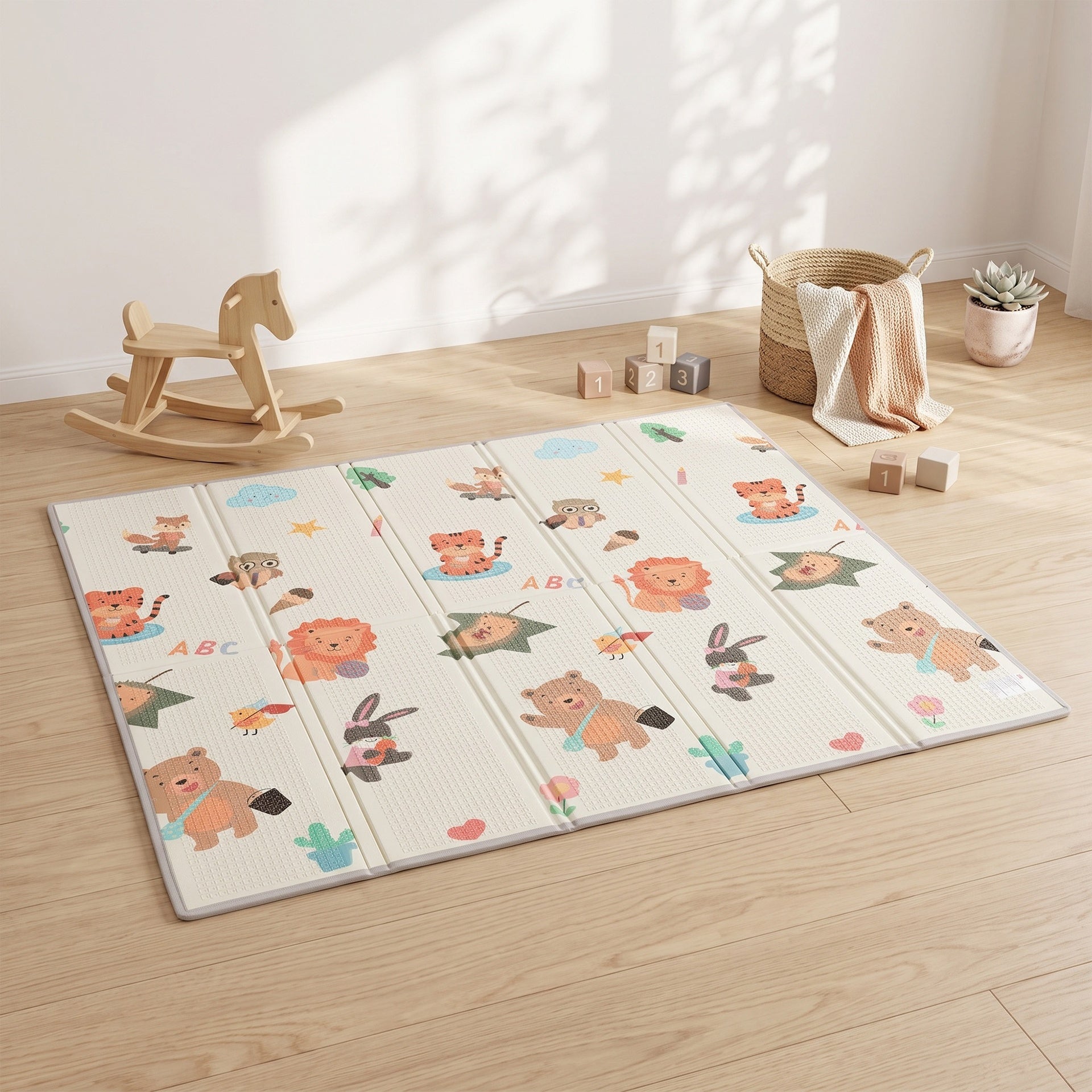 Qaba Foldable & Reversible Baby Play Mat, 79" x 71"Thick Play Mat for Floor, Waterproof Non-Slip, Giraffe & Woodland Animals