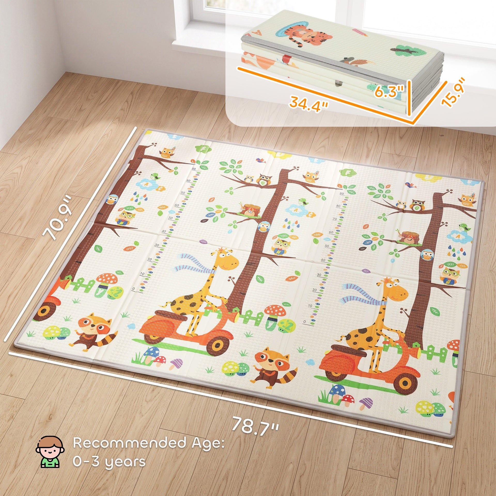 Qaba Foldable & Reversible Baby Play Mat, 79" x 71"Thick Play Mat for Floor, Waterproof Non-Slip, Giraffe & Woodland Animals