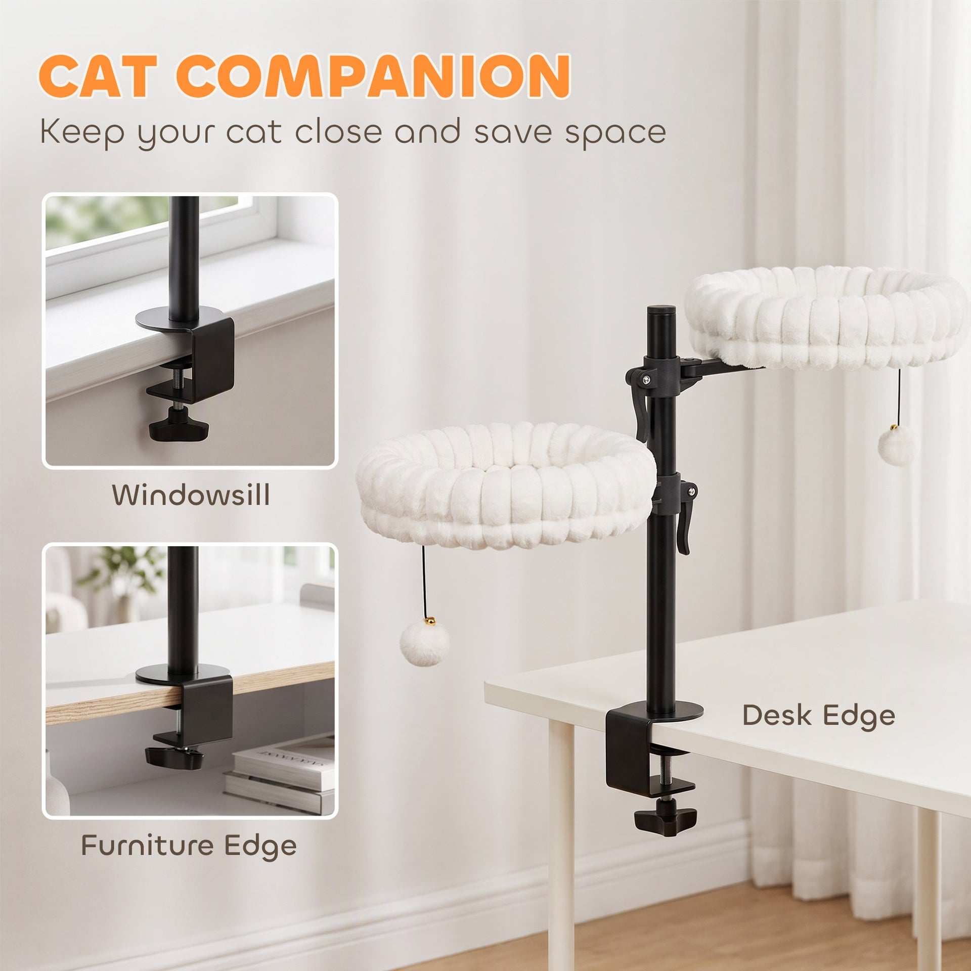 PawHut Cat Desk Bed for Indoor, Cat Hammock with 2 Removable Beds, 2 Hanging Balls for Desk, Windows, Holds Up to 24 lbs, White