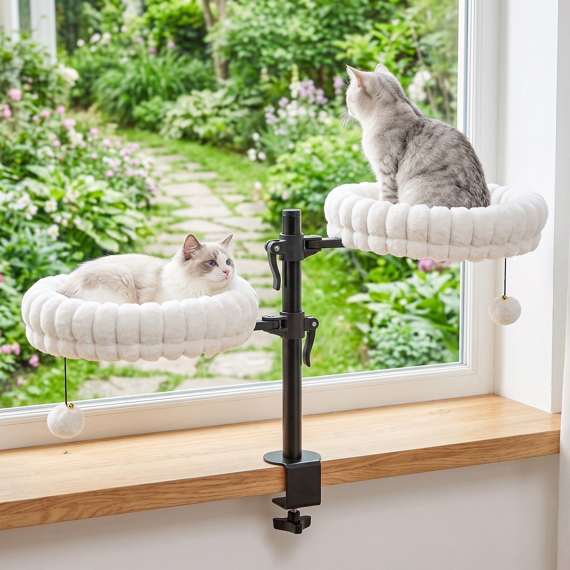 PawHut Cat Desk Bed for Indoor, Cat Hammock with 2 Removable Beds, 2 Hanging Balls for Desk, Windows, Holds Up to 24 lbs, White
