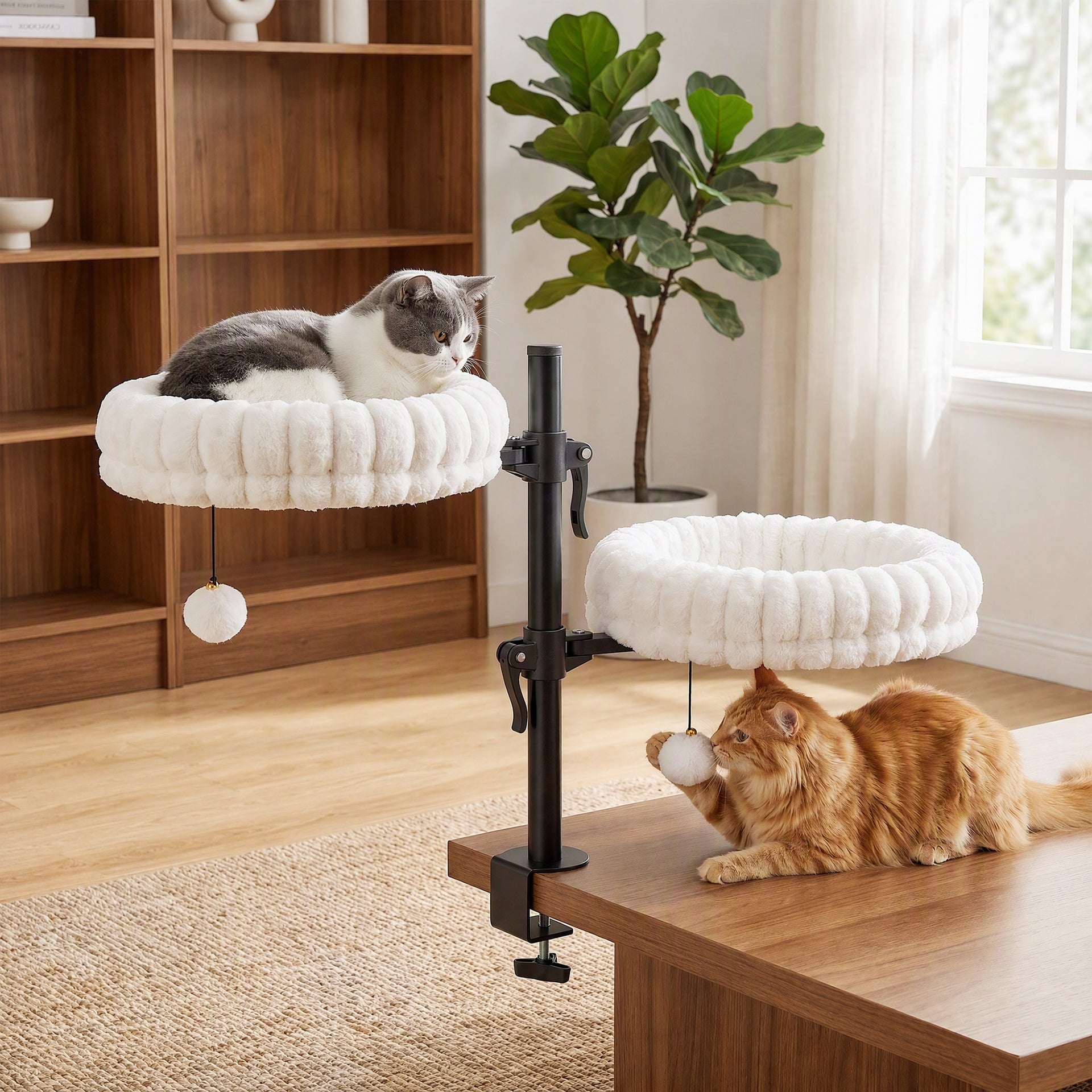 PawHut Cat Desk Bed for Indoor, Cat Hammock with 2 Removable Beds, 2 Hanging Balls for Desk, Windows, Holds Up to 24 lbs, White