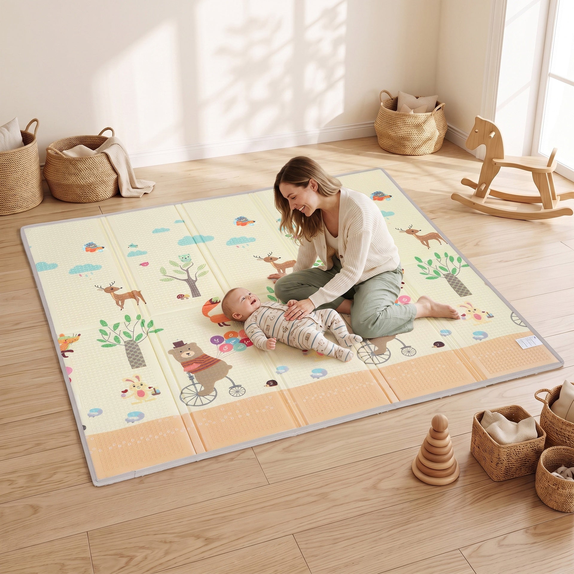 Qaba Foldable & Reversible Baby Play Mat, 79" x 71"Thick Play Mat for Floor, Waterproof Non-Slip, Forest Animals