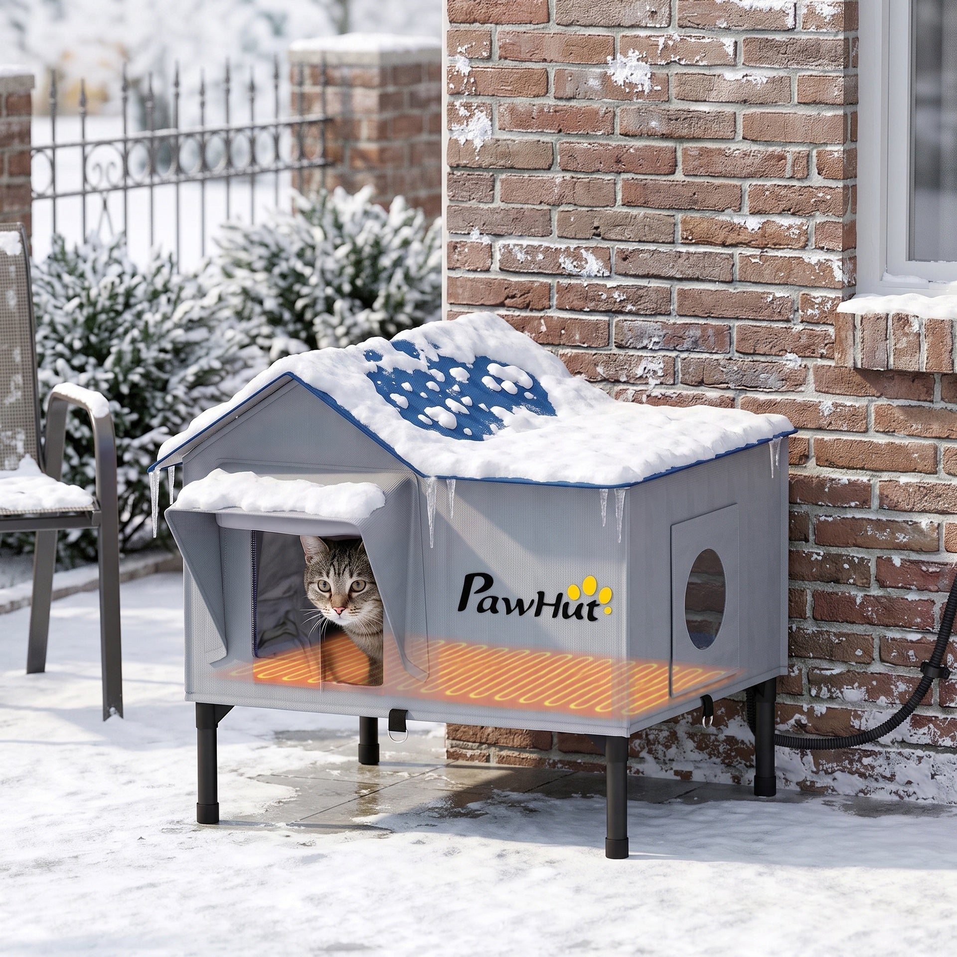 PawHut Heated Cat House Weatherproof with Heating Pad, Elevated Base, Safe Escape Door, for Stray, Barn Cats
