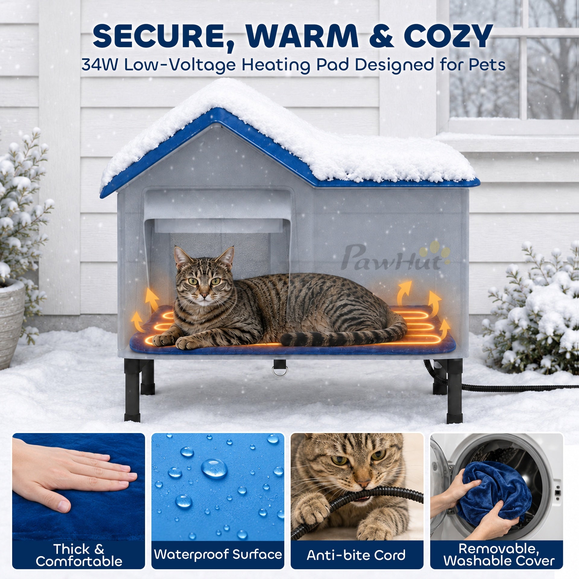 PawHut Heated Cat House Weatherproof with Heating Pad, Elevated Base, Safe Escape Door, for Stray, Barn Cats