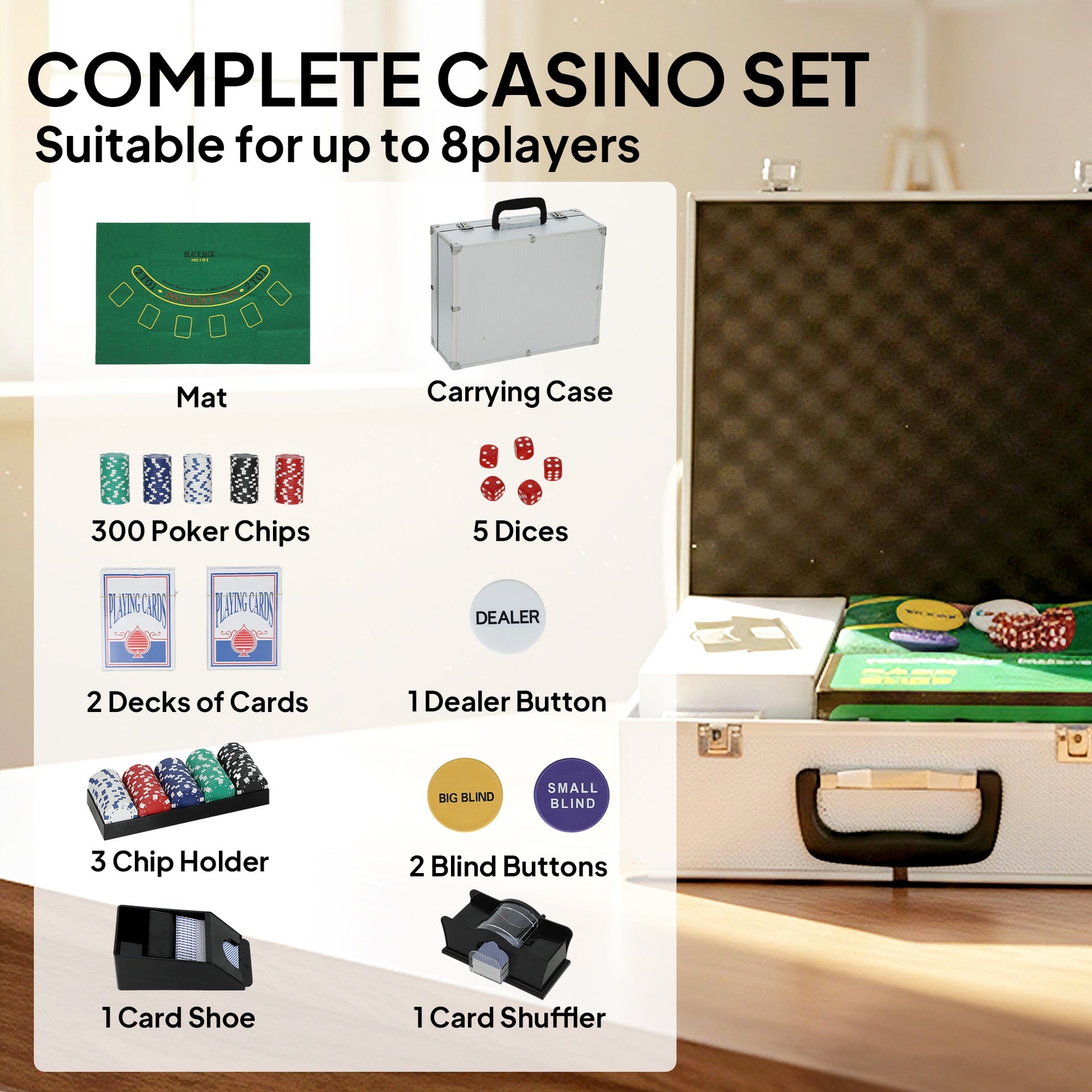 Soozier Poker Chip Set with Aluminum Case, Card Shuffler, 300 Chips, 2 Decks of Cards, Dealer Button for Texas Holdem Blackjack