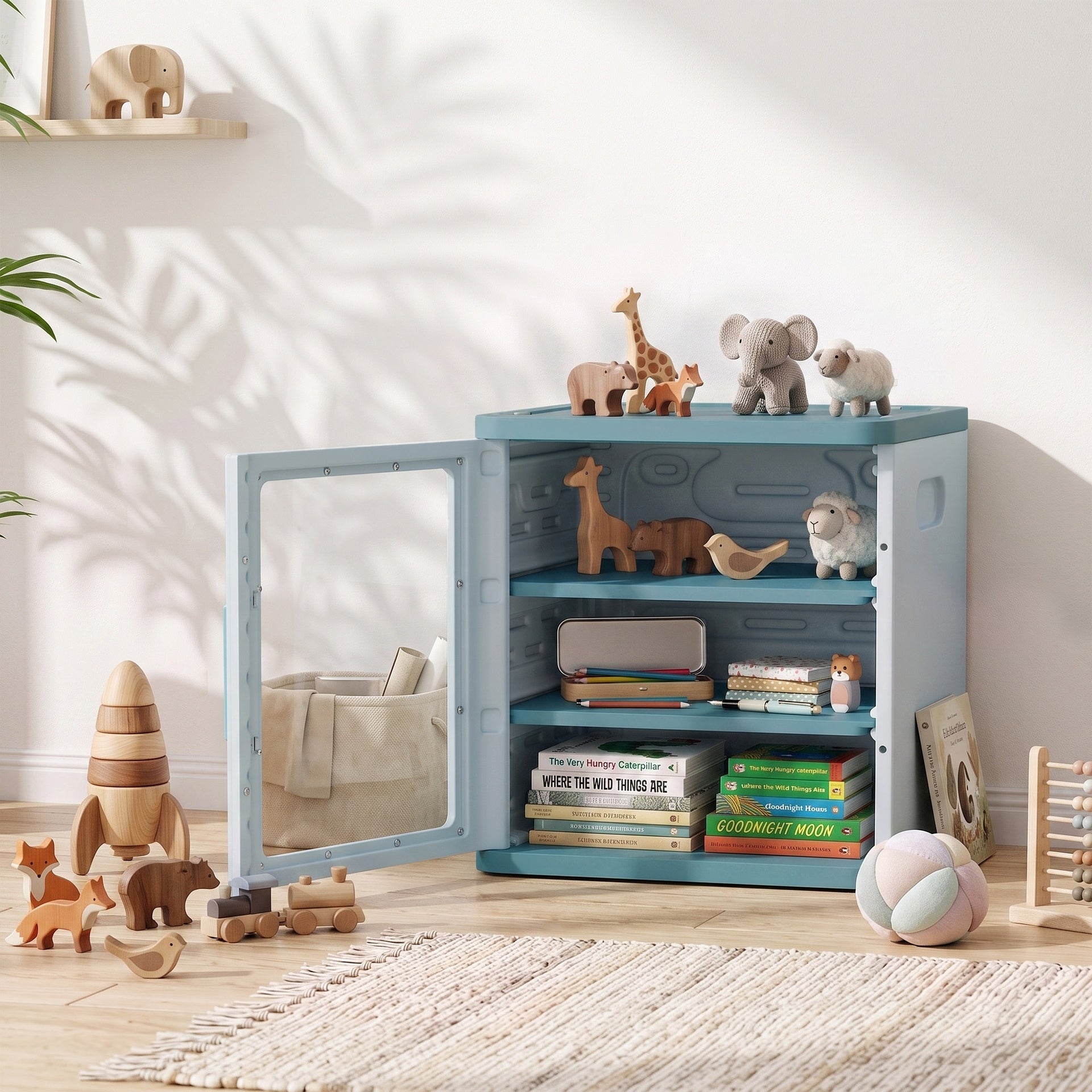 Qaba Toy Storage Organizer, 3 Tier Adjustable Toy Storage Cabinet Dustproof HDPE Plastic, Transparent Door, Light Blue