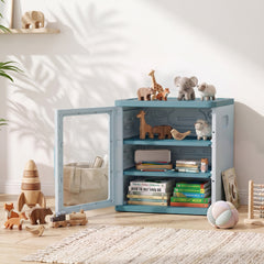 Qaba Toy Storage Organizer, 3 Tier Adjustable Toy Storage Cabinet Dustproof HDPE Plastic, Transparent Door, Light Blue