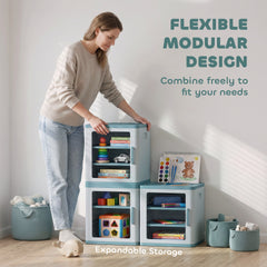 Qaba Toy Storage Organizer, 3 Tier Adjustable Toy Storage Cabinet Dustproof HDPE Plastic, Transparent Door, Light Blue
