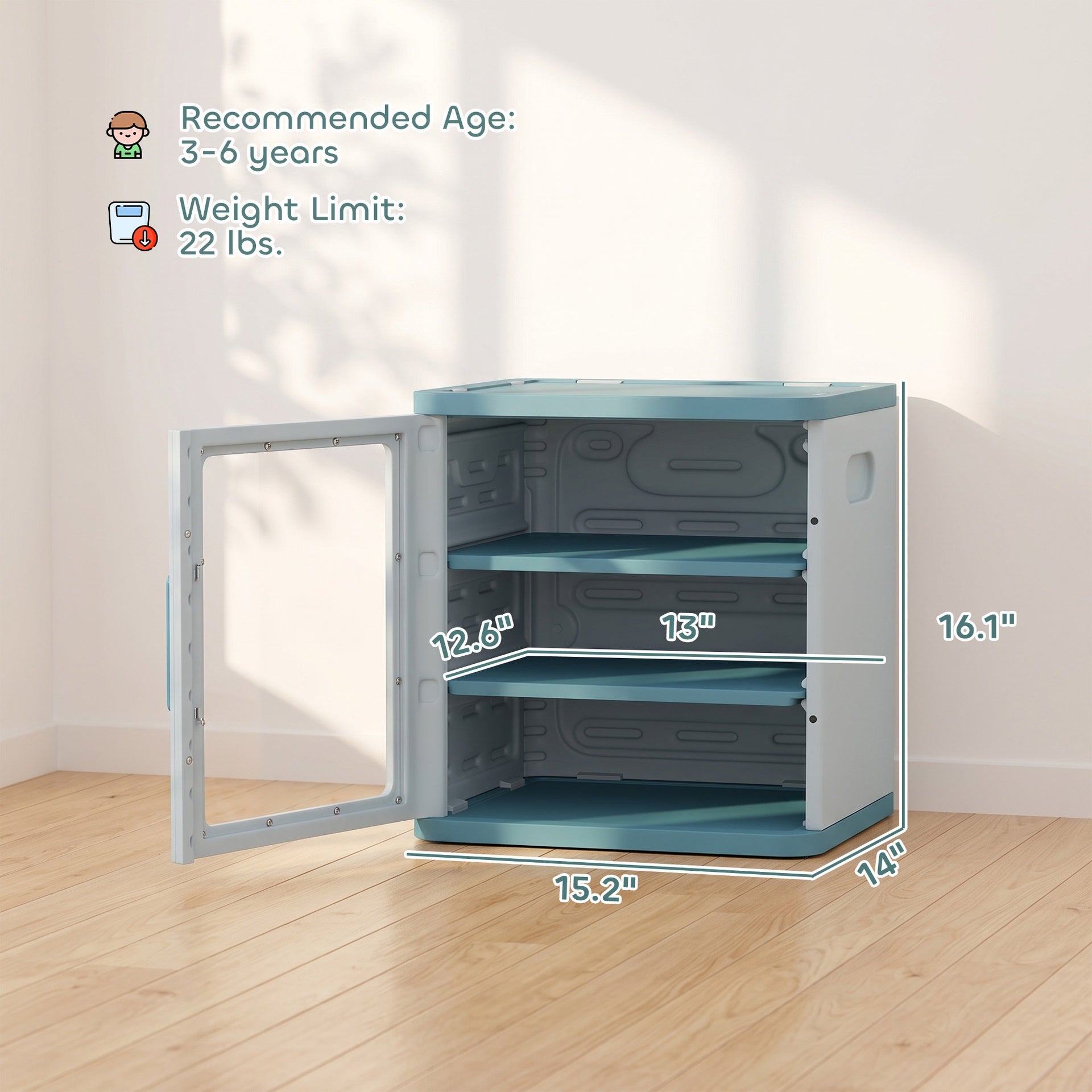 Qaba Toy Storage Organizer, 3 Tier Adjustable Toy Storage Cabinet Dustproof HDPE Plastic, Transparent Door, Light Blue
