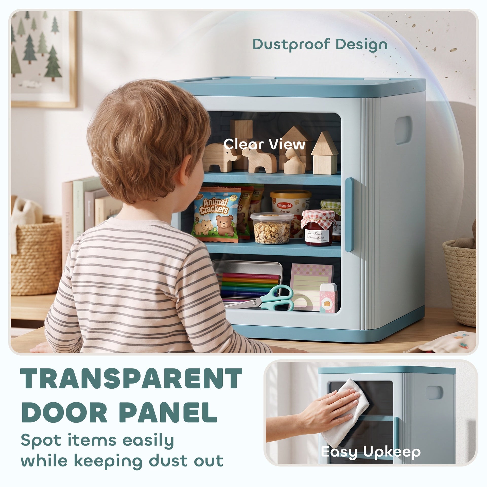 Qaba Toy Storage Organizer, 3 Tier Adjustable Toy Storage Cabinet Dustproof HDPE Plastic, Transparent Door, Light Blue