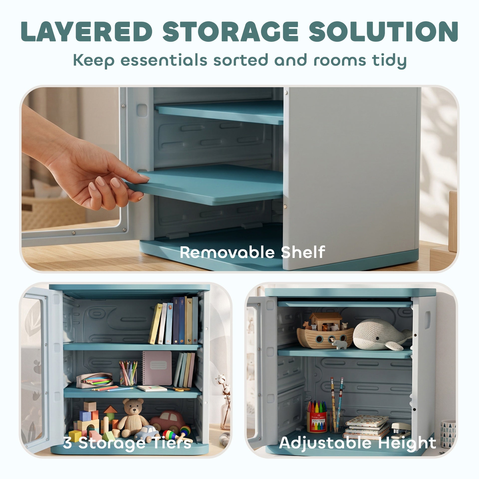 Qaba Toy Storage Organizer, 3 Tier Adjustable Toy Storage Cabinet Dustproof HDPE Plastic, Transparent Door, Light Blue