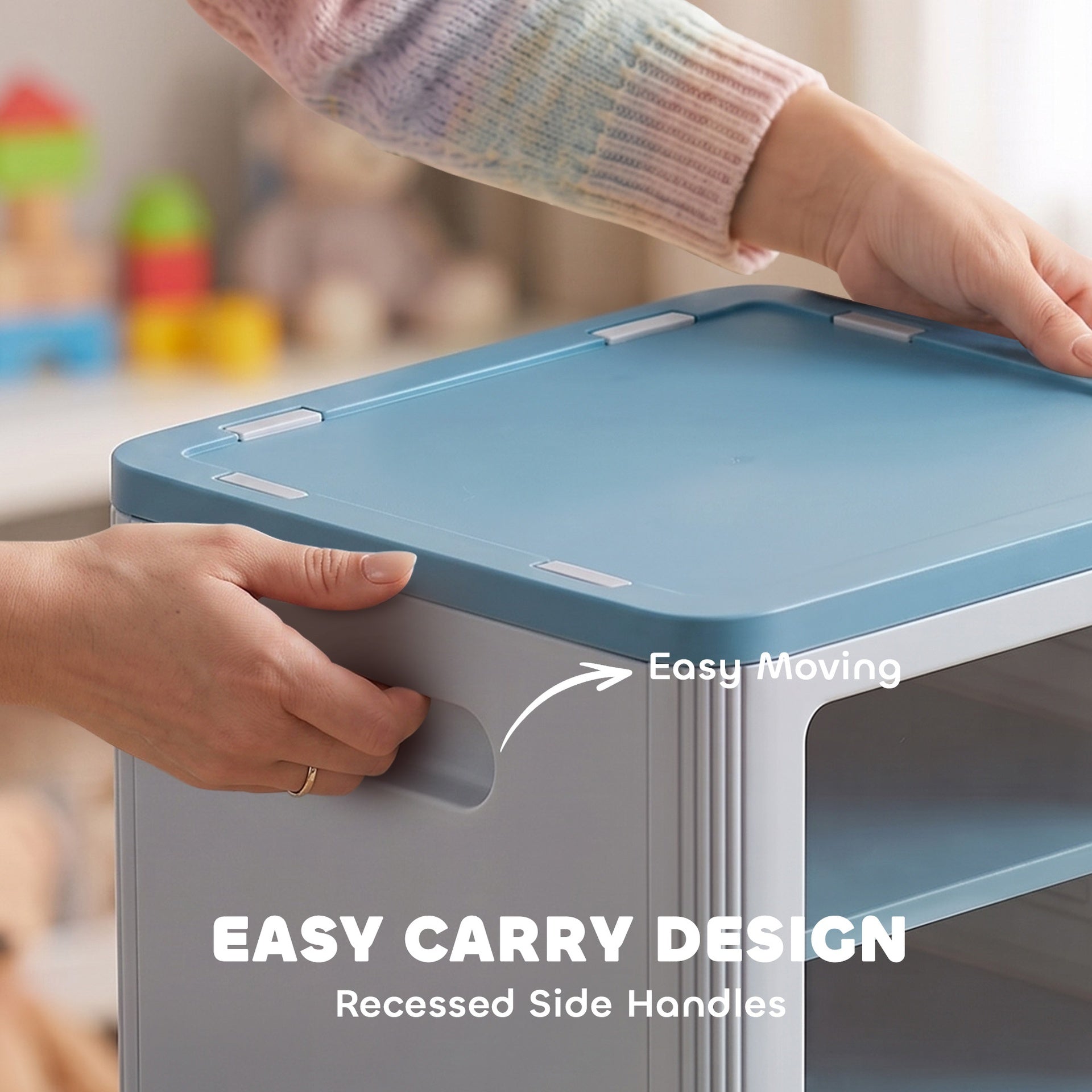 Qaba Toy Storage Organizer, 3 Tier Adjustable Toy Storage Cabinet Dustproof HDPE Plastic, Transparent Door, Light Blue