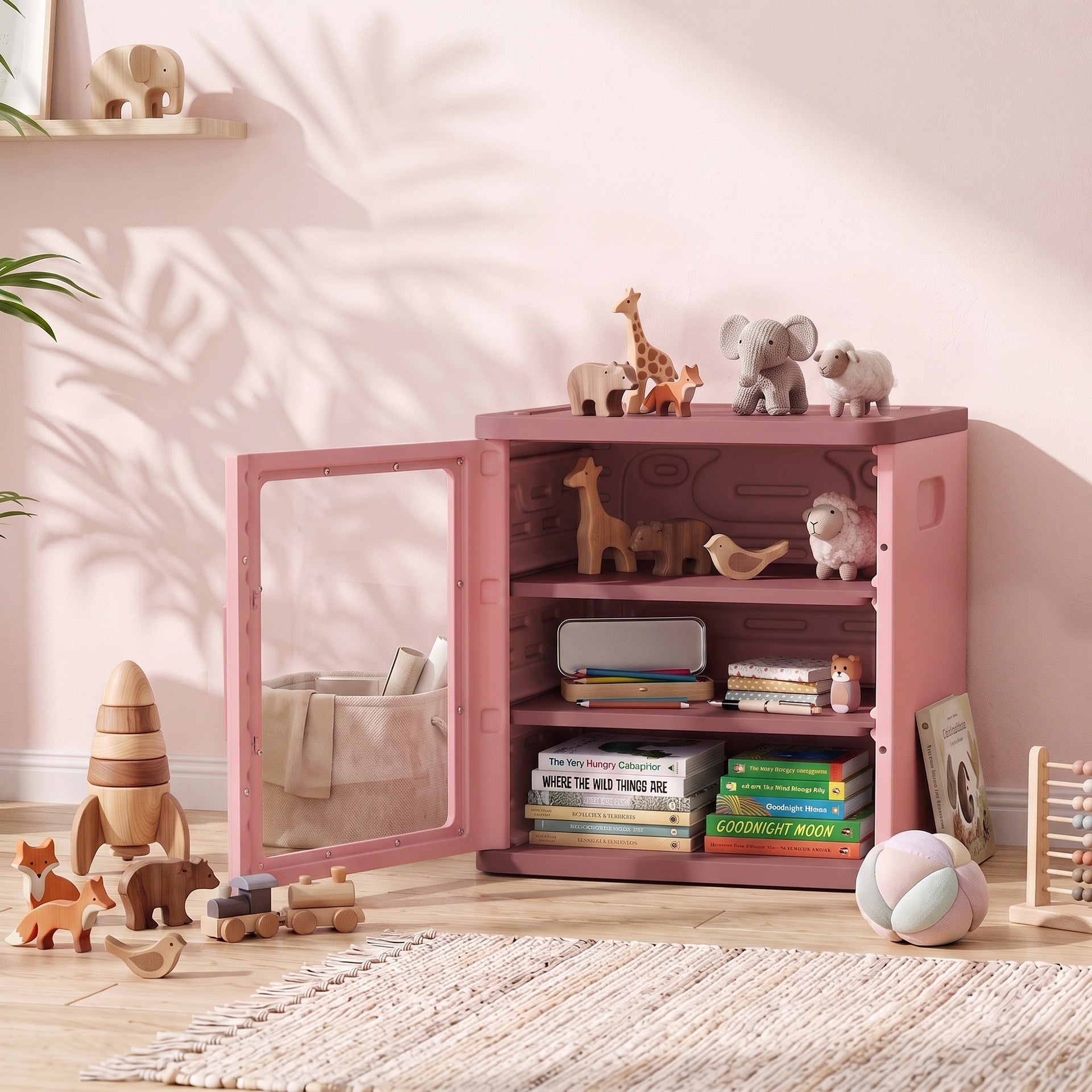 Qaba Toy Storage Organizer, 3 Tier Adjustable Toy Storage Cabinet Dustproof HDPE Plastic, Transparent Door, Pink