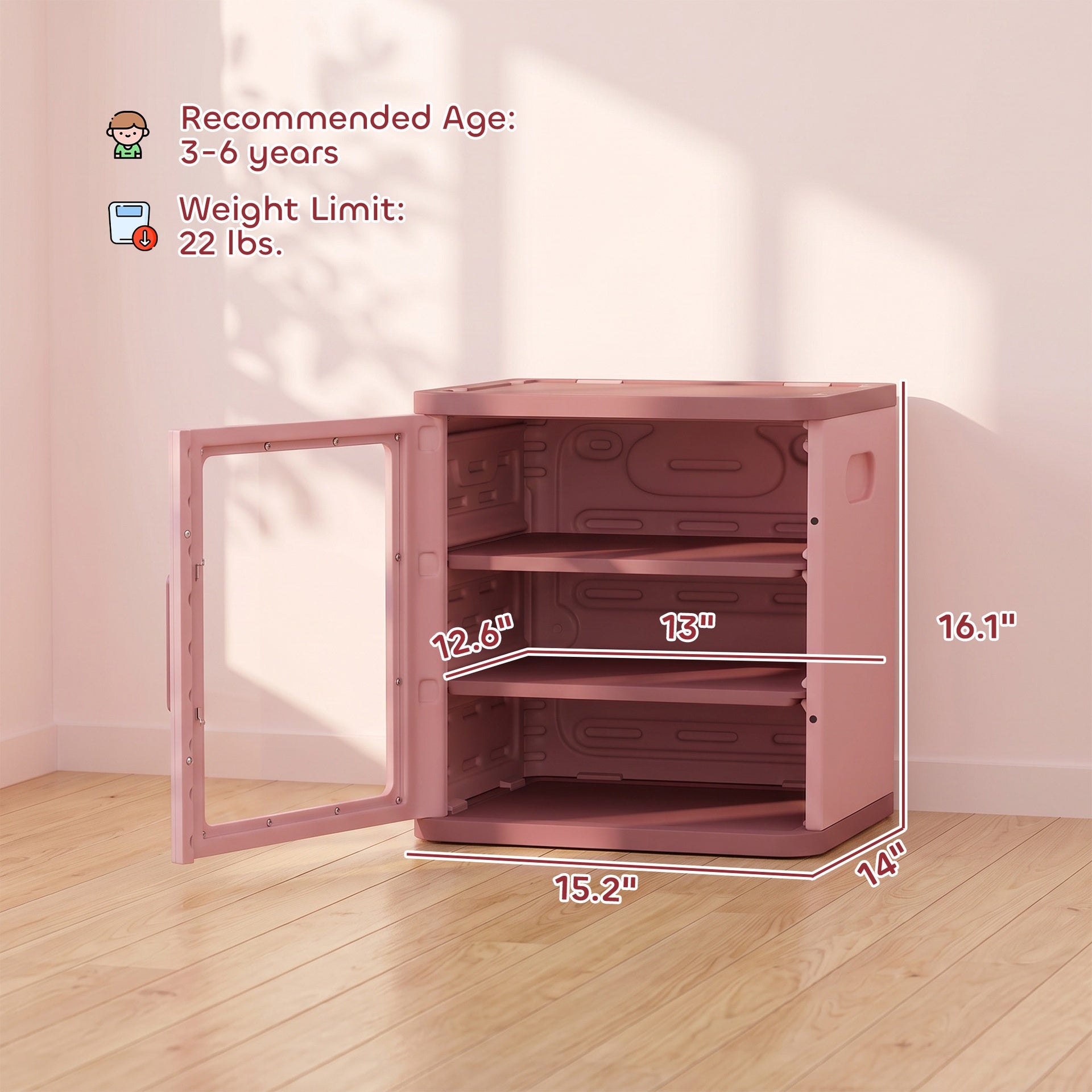 Qaba Toy Storage Organizer, 3 Tier Adjustable Toy Storage Cabinet Dustproof HDPE Plastic, Transparent Door, Pink