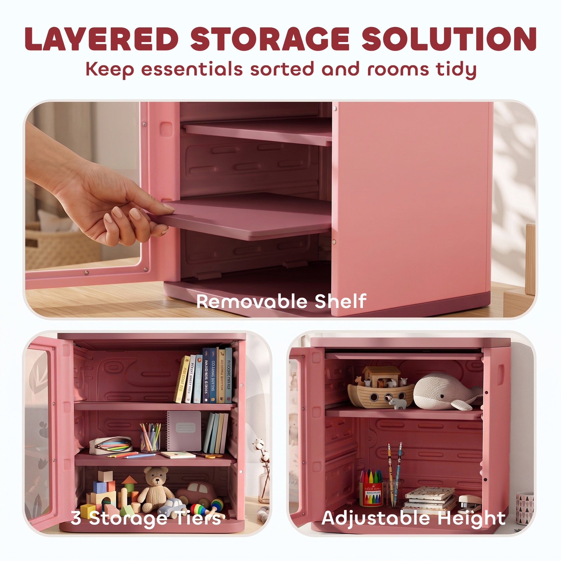 Qaba Toy Storage Organizer, 3 Tier Adjustable Toy Storage Cabinet Dustproof HDPE Plastic, Transparent Door, Pink