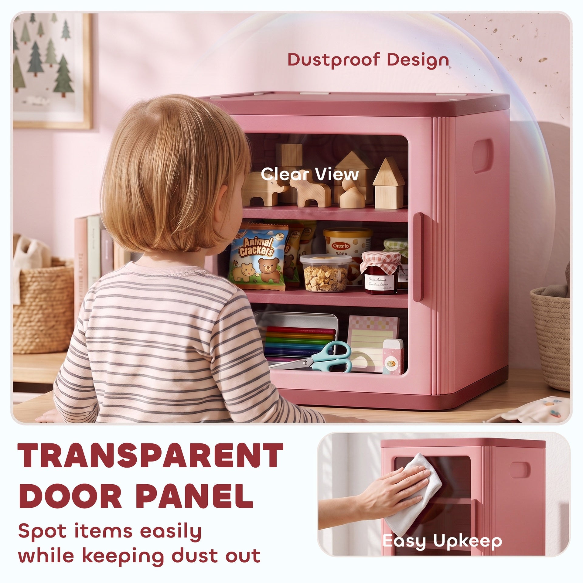 Qaba Toy Storage Organizer, 3 Tier Adjustable Toy Storage Cabinet Dustproof HDPE Plastic, Transparent Door, Pink