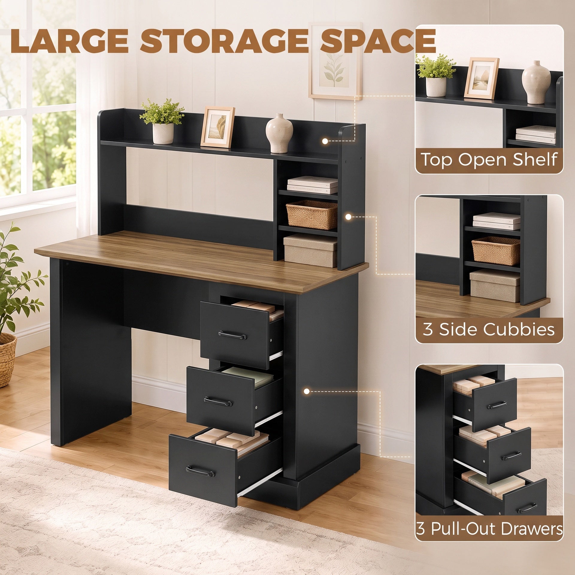 HOMCOM Computer Desk with 3 Drawers and Storage Shelves, 47" Home Office Study Writing Table, Walnut and Black