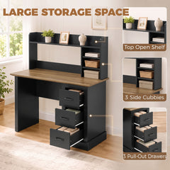 HOMCOM Computer Desk with 3 Drawers and Storage Shelves, 47" Home Office Study Writing Table, Walnut and Black