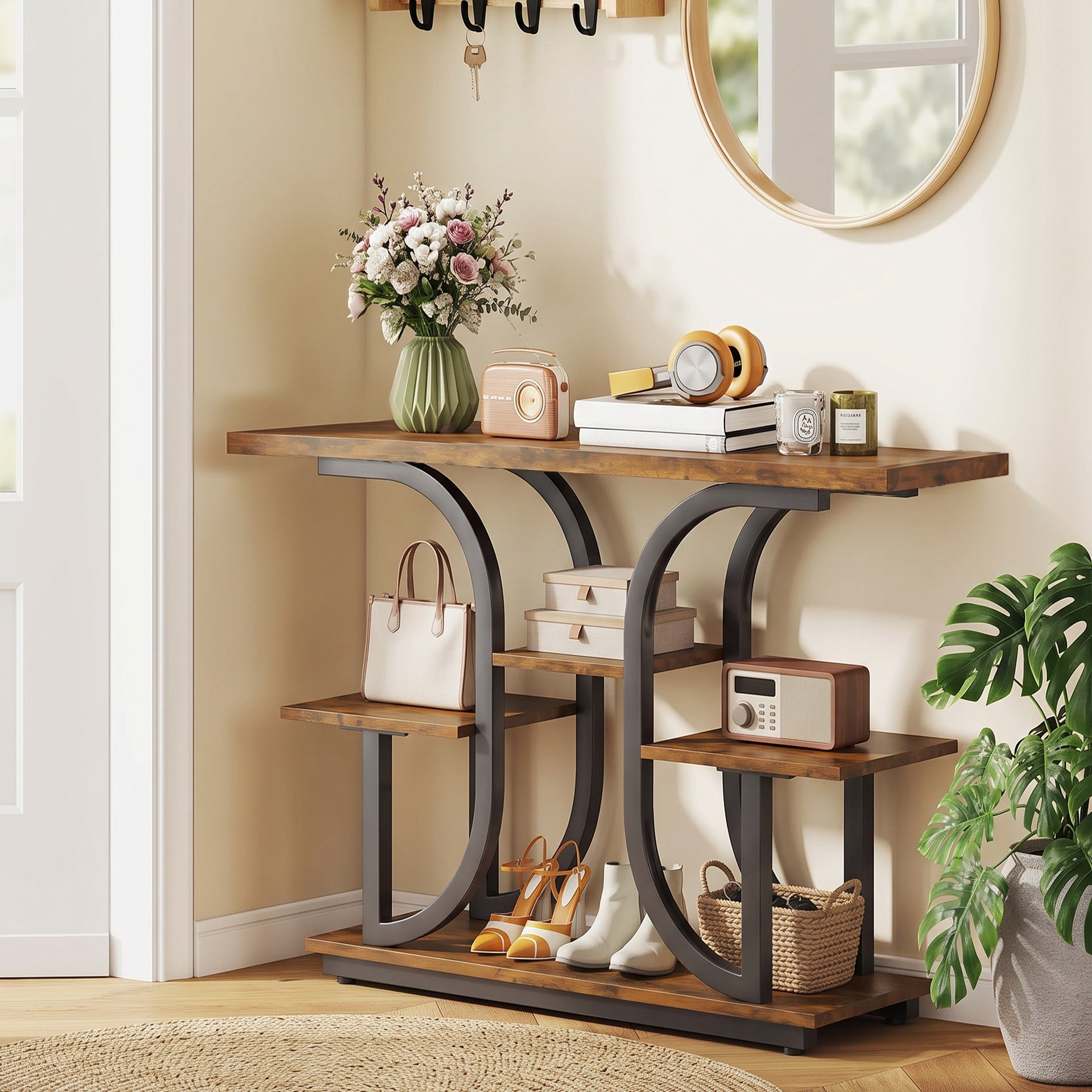 HOMCOM 42.5" Modern Console Table, 3-Tier Narrow Entryway Table with Open Storage Shelves for Entryway, Rustic Brown