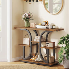 HOMCOM 42.5" Modern Console Table, 3-Tier Narrow Entryway Table with Open Storage Shelves for Entryway, Rustic Brown