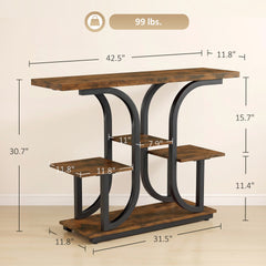 HOMCOM 42.5" Modern Console Table, 3-Tier Narrow Entryway Table with Open Storage Shelves for Entryway, Rustic Brown