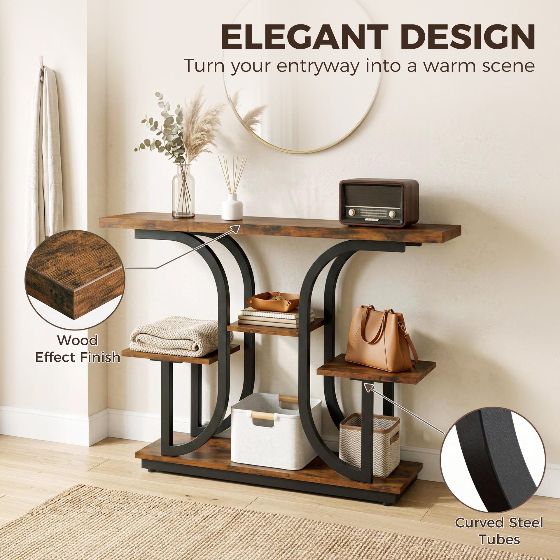 HOMCOM 42.5" Modern Console Table, 3-Tier Narrow Entryway Table with Open Storage Shelves for Entryway, Rustic Brown