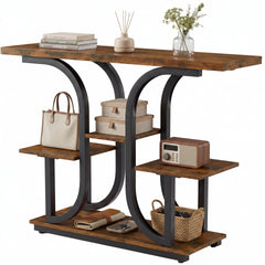 HOMCOM 42.5" Modern Console Table, 3-Tier Narrow Entryway Table with Open Storage Shelves for Entryway, Rustic Brown