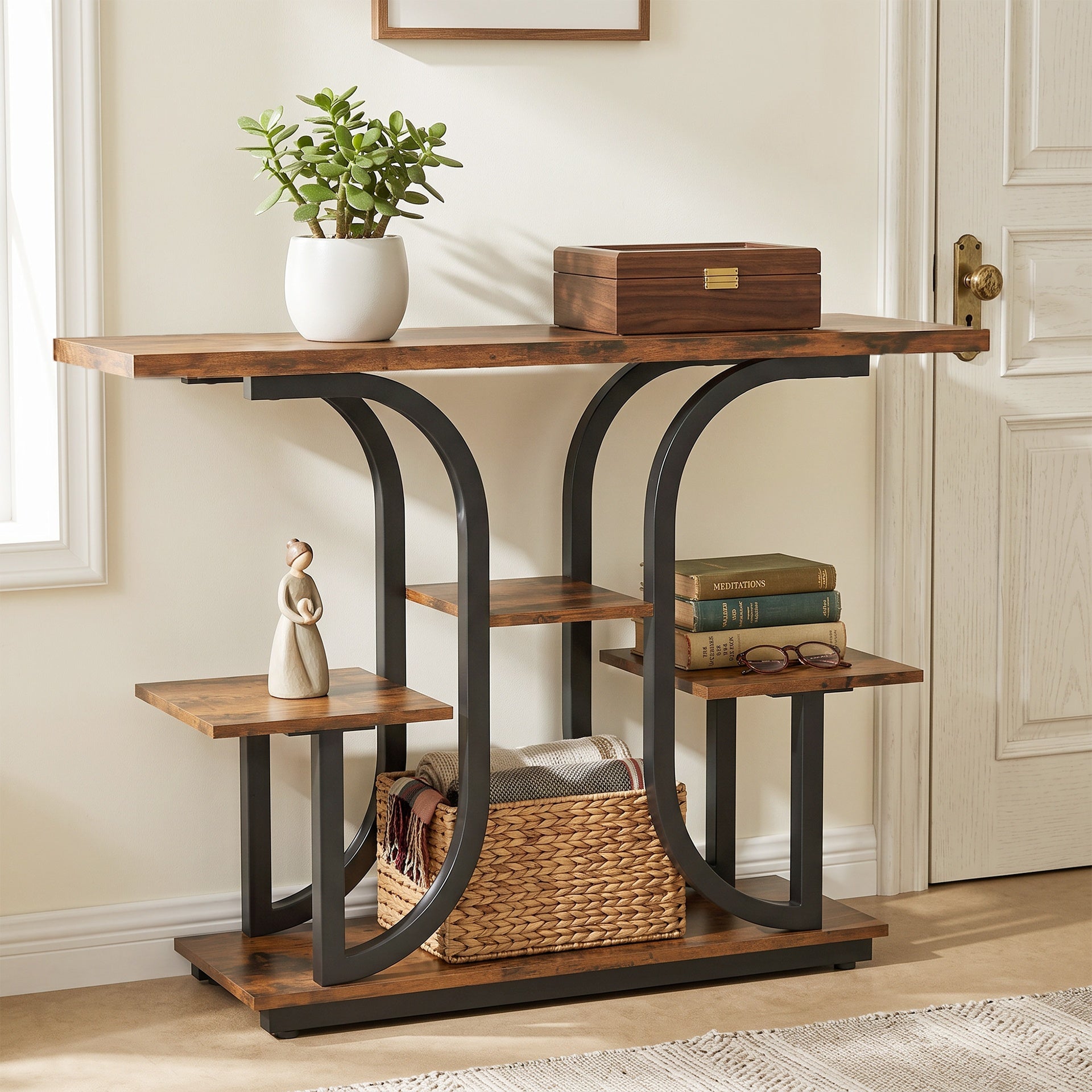 HOMCOM 42.5" Modern Console Table, 3-Tier Narrow Entryway Table with Open Storage Shelves for Entryway, Rustic Brown