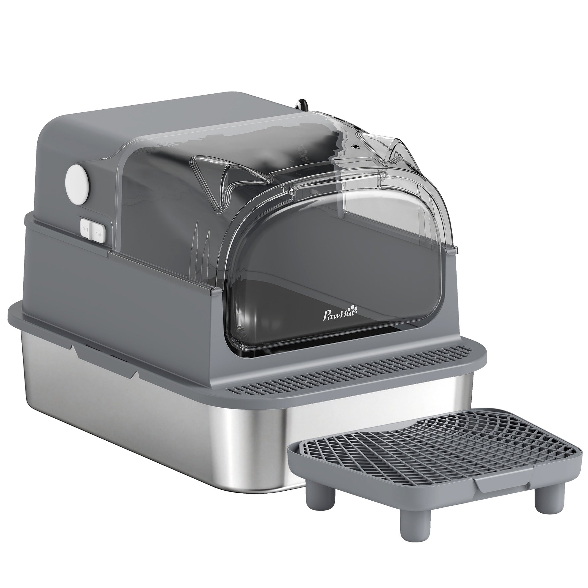 PawHut Stainless Steel Cat Litter Box with Flip Lid, XXL Enclosed Litter Box, High Sided, Step, Metal Scoop, 2 Deodorizing Bags