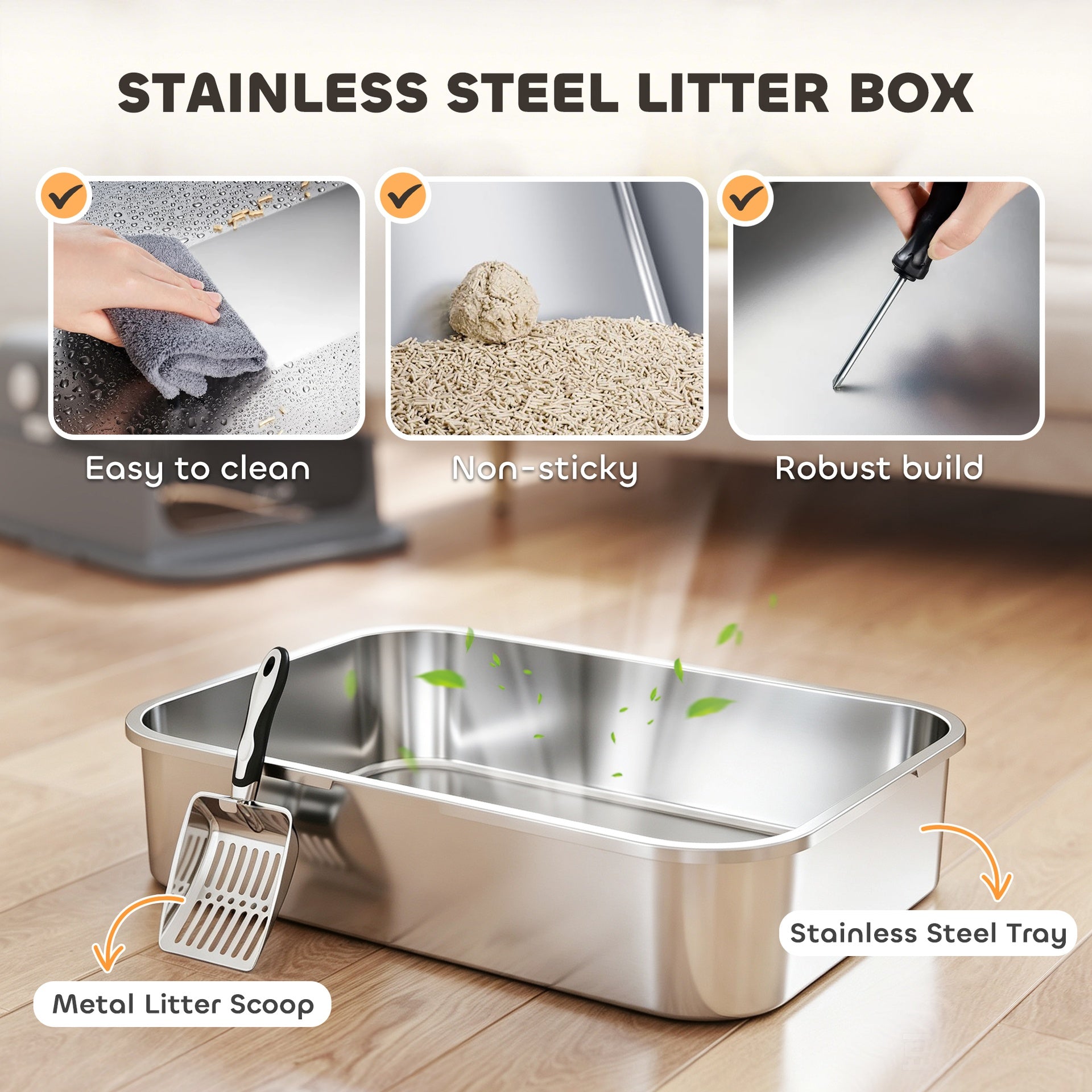 PawHut Stainless Steel Cat Litter Box with Flip Lid, XXL Enclosed Litter Box, High Sided, Step, Metal Scoop, 2 Deodorizing Bags