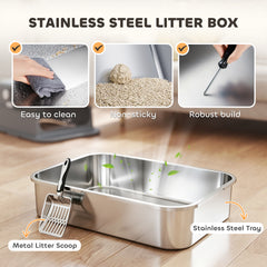 PawHut Stainless Steel Cat Litter Box with Flip Lid, XXL Enclosed Litter Box, High Sided, Step, Metal Scoop, 2 Deodorizing Bags