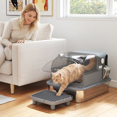 PawHut Stainless Steel Cat Litter Box with Flip Lid, XXL Enclosed Litter Box, High Sided, Step, Metal Scoop, 2 Deodorizing Bags
