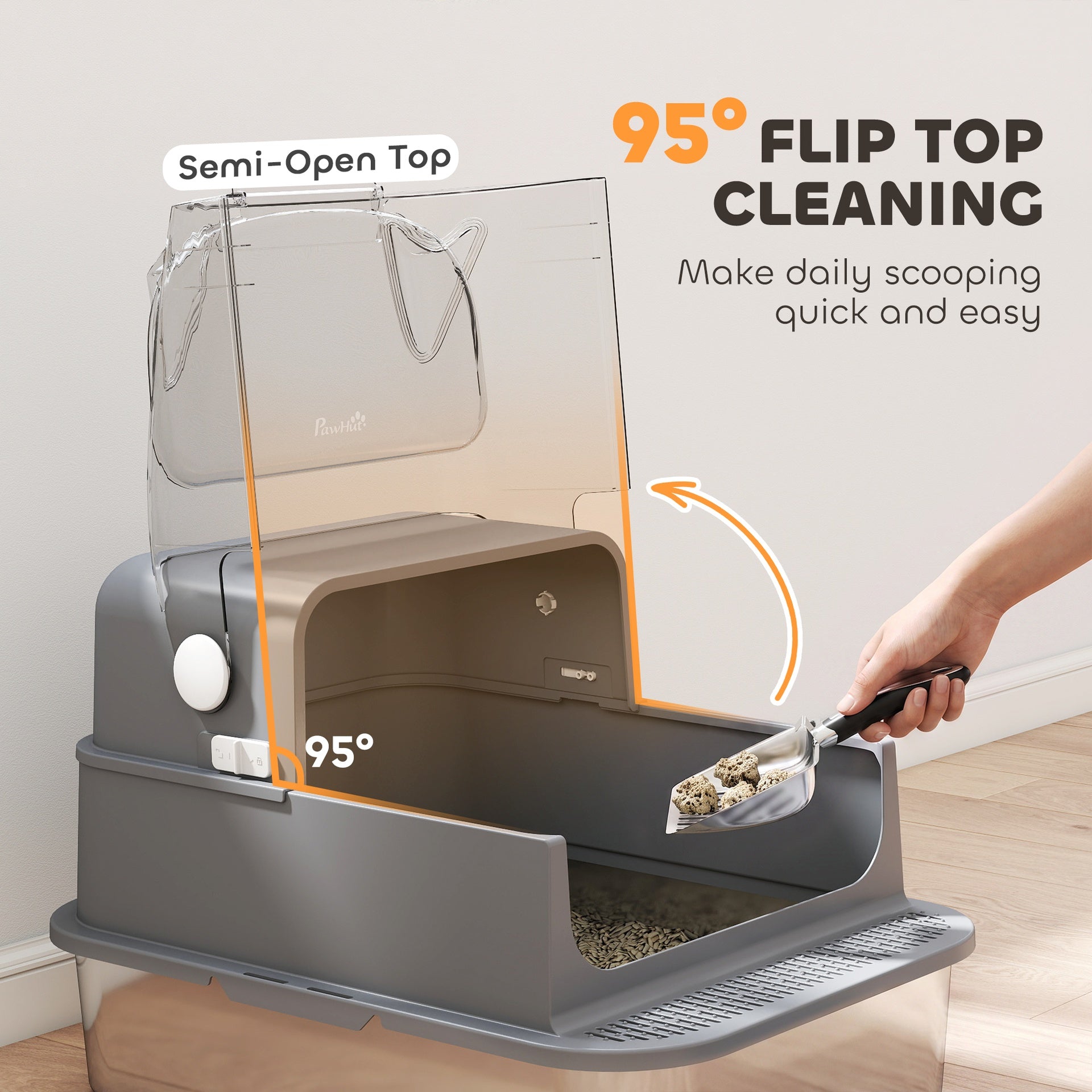 PawHut Stainless Steel Cat Litter Box with Flip Lid, XXL Enclosed Litter Box, High Sided, Step, Metal Scoop, 2 Deodorizing Bags