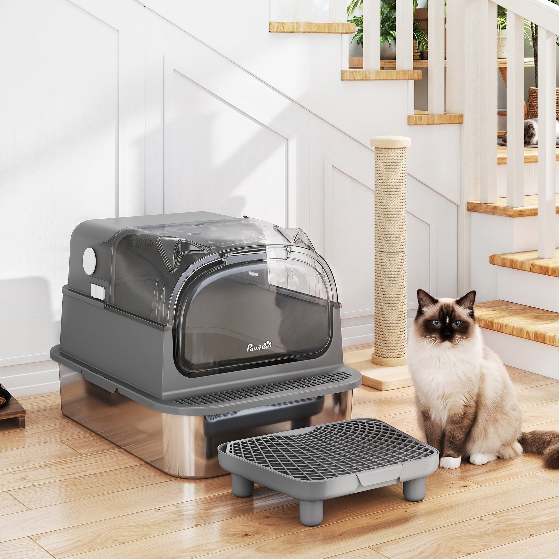 PawHut Stainless Steel Cat Litter Box with Flip Lid, XXL Enclosed Litter Box, High Sided, Step, Metal Scoop, 2 Deodorizing Bags