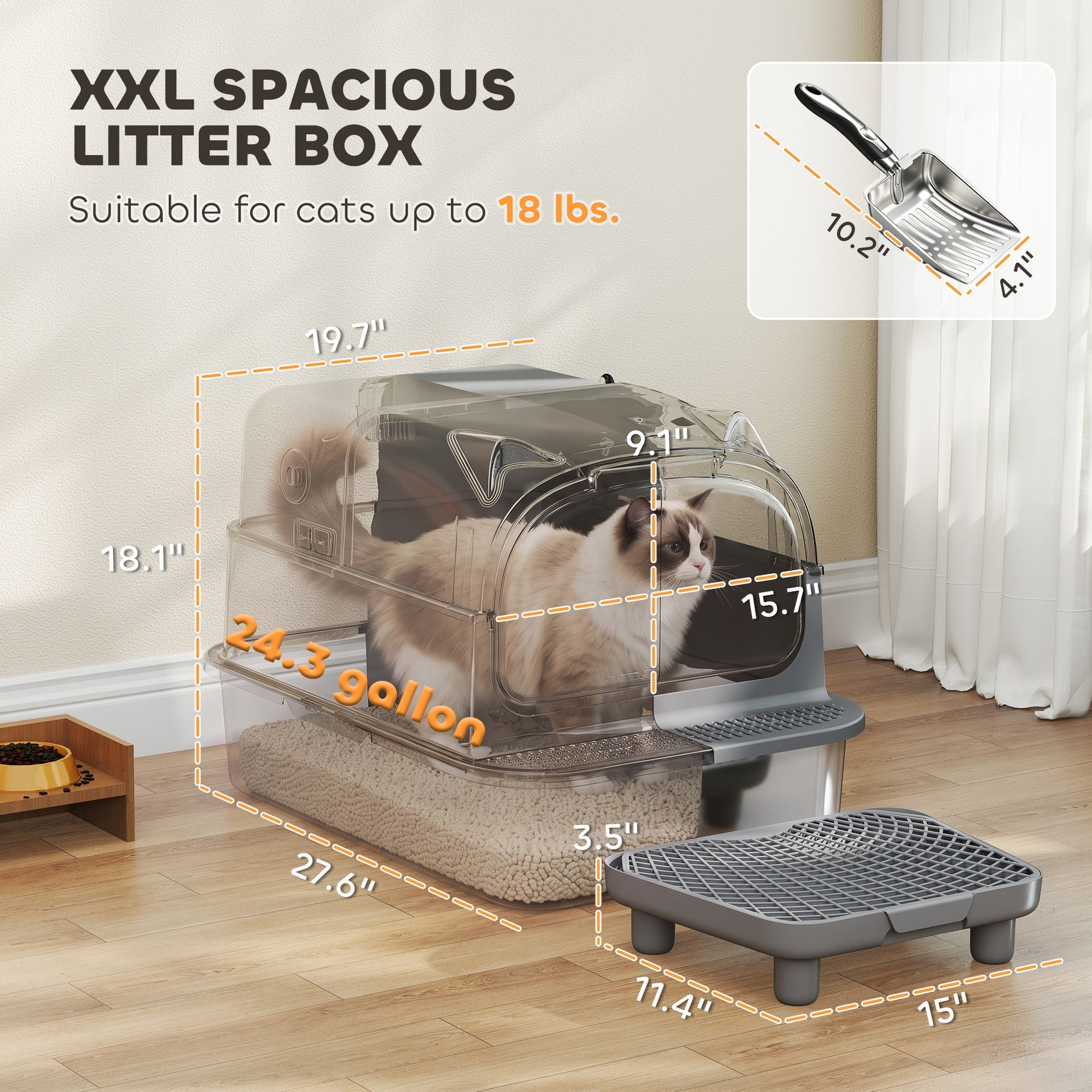 PawHut Stainless Steel Cat Litter Box with Flip Lid, XXL Enclosed Litter Box, High Sided, Step, Metal Scoop, 2 Deodorizing Bags