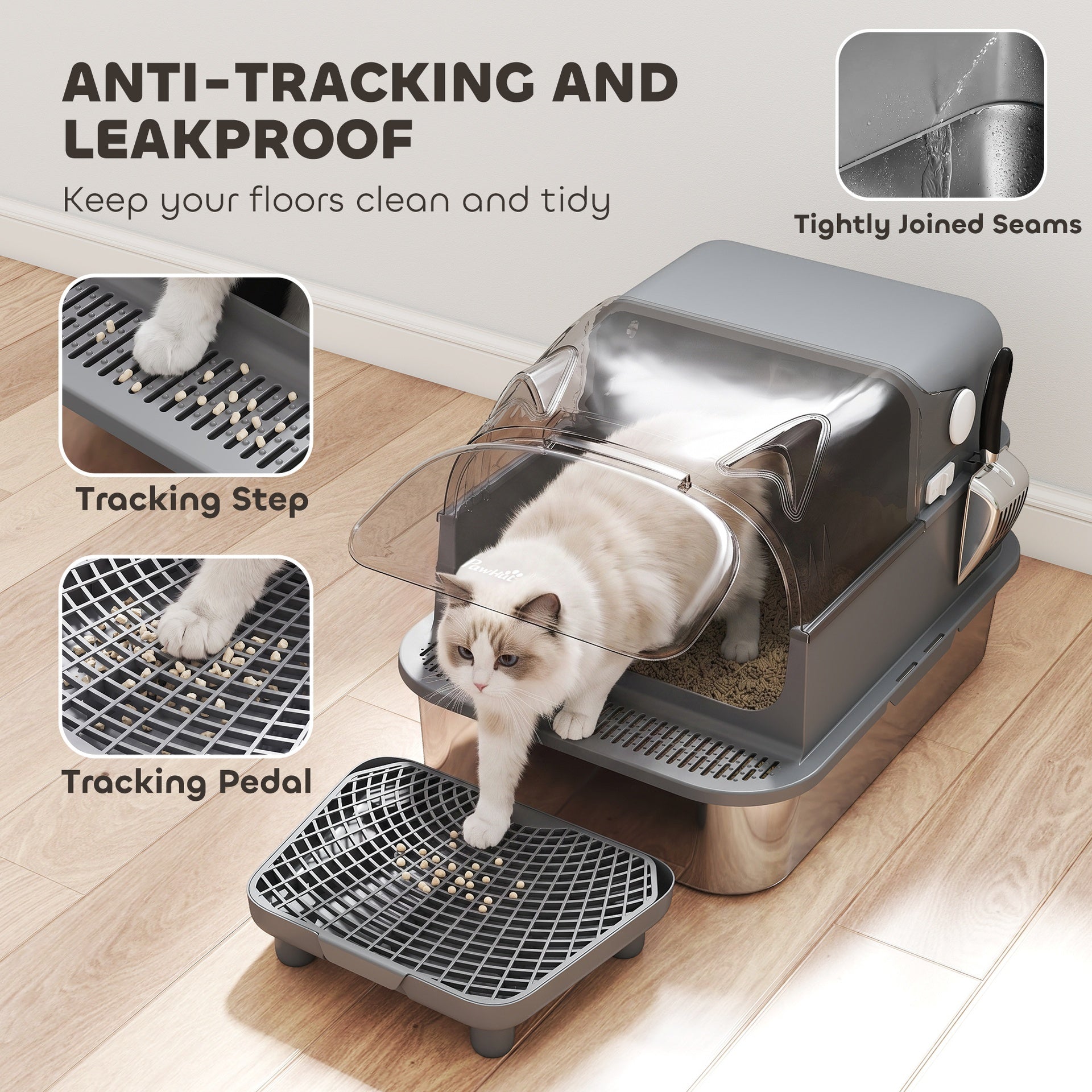 PawHut Stainless Steel Cat Litter Box with Flip Lid, XXL Enclosed Litter Box, High Sided, Step, Metal Scoop, 2 Deodorizing Bags